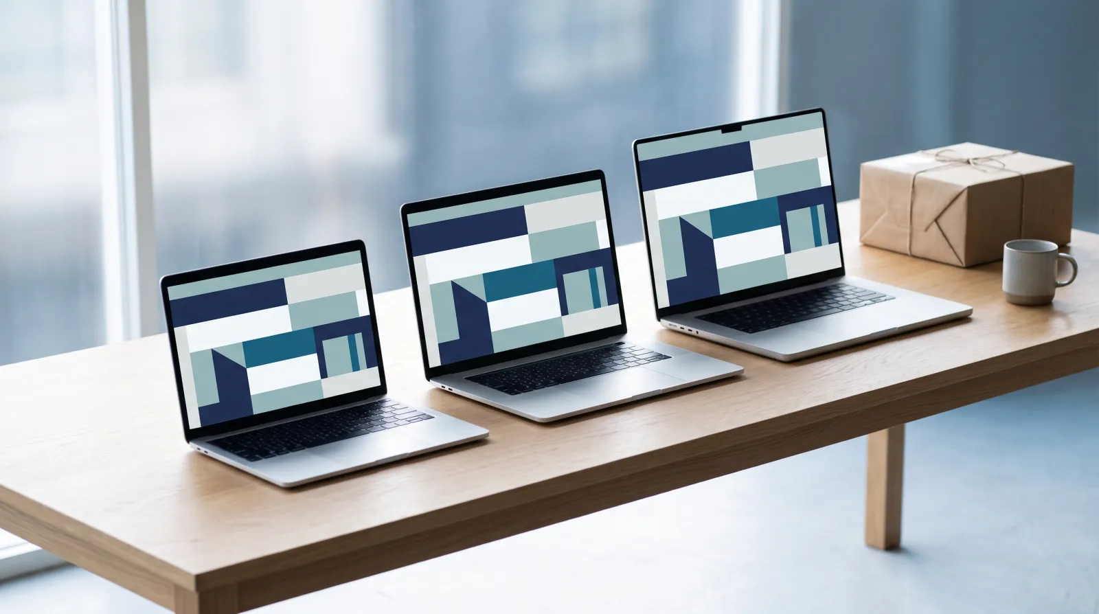 Trzy laptopy różnej wielkości stoją obok siebie na długim jasnym biurku, każdy pokazuje inny abstrakcyjny układ sklepu z kolorowych bloków, a na końcu blatu leży zwykła paczka.