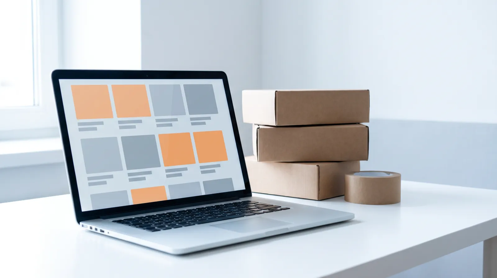 Laptop na białym biurku z abstrakcyjną siatką kafelków produktów w pomarańczowych i szarych barwach, obok trzy ułożone kartony i rolka taśmy w jasnym świetle dnia.