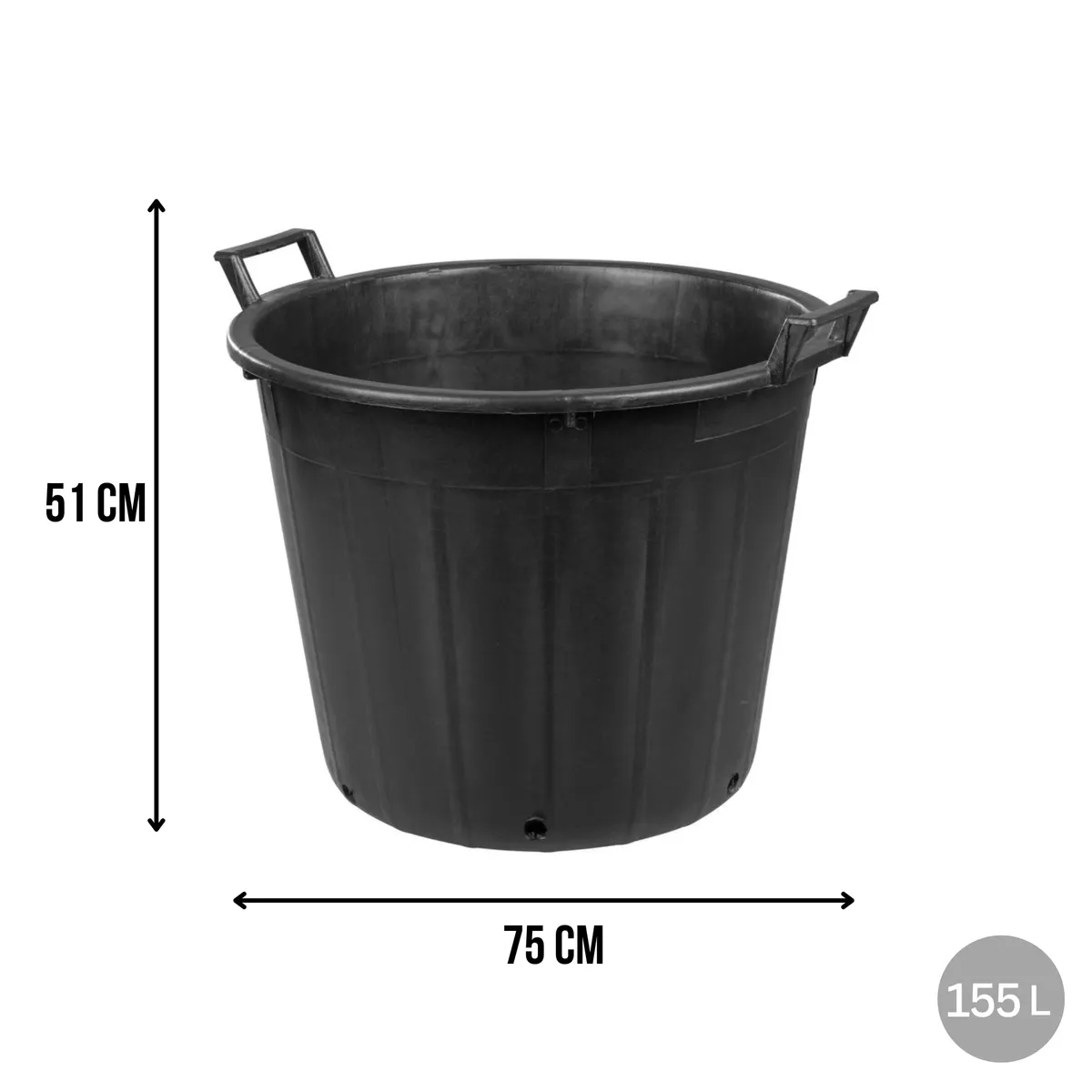 Pojemnik ogrodowy okrągły perforowany z uchwytami, plastikowy, czarny, 155 l, śr. 75 cm, wys. 51 cm, photo 2 of 6