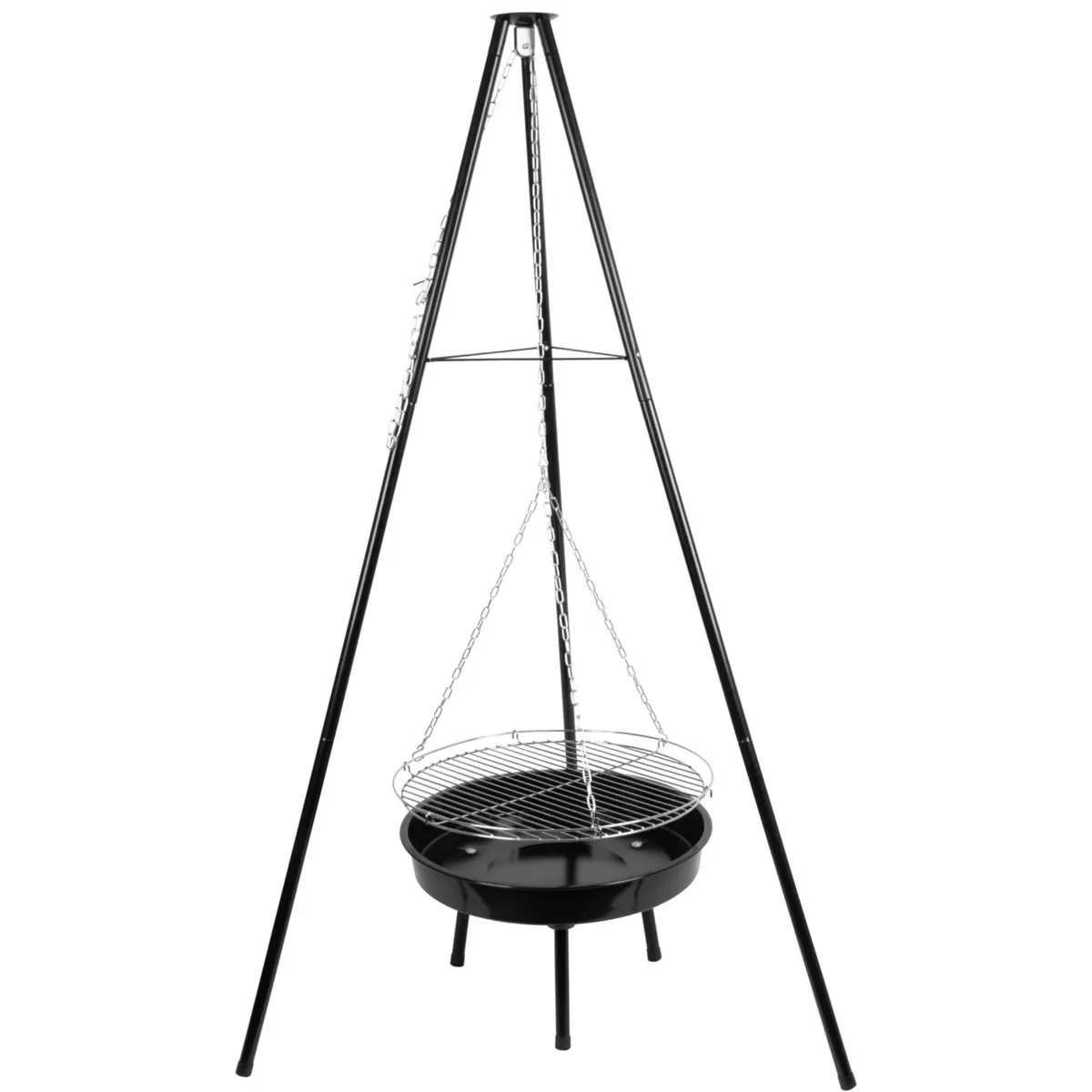 Grill ogrodowy węglowy zawieszany, regulowana wysokość 32-66/150 cm, ruszt stal chromowana, misa stal emaliowana, czarny, 50 cm, photo 1 of 8