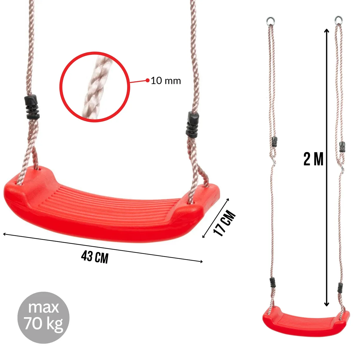 Huśtawka dziecięca, czerwona, plastikowa, do ogrodu, 43x17x8,5 cm, liny 2 m, nośność 70 kg, photo 2 of 6