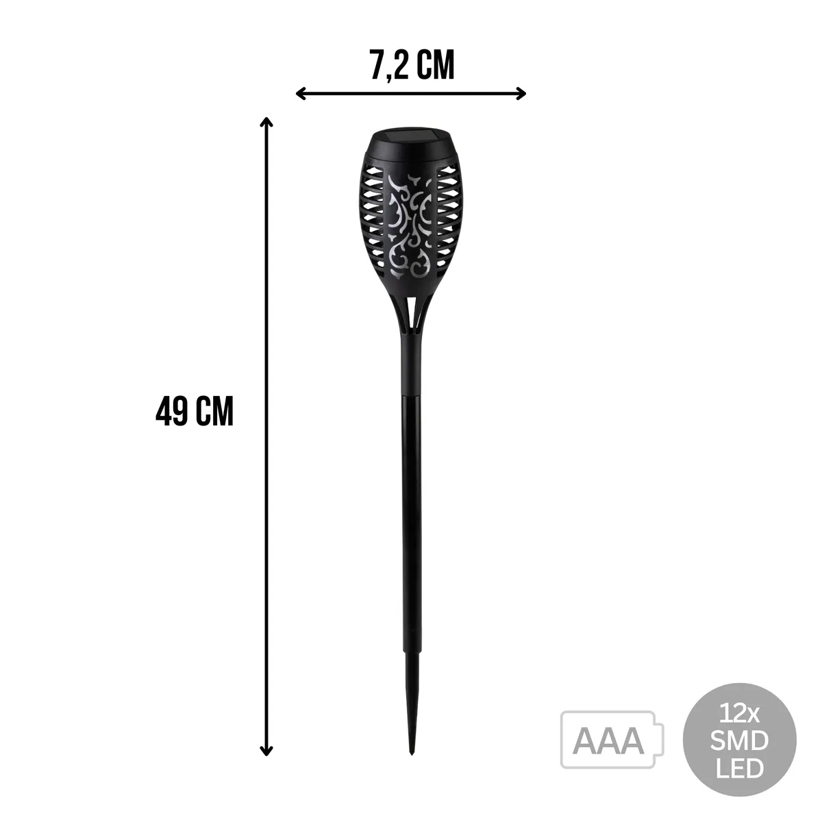 Lampa ogrodowa solarna wbijana, wodoodporna, efekt płomienia, 12x SMD LED, ciepła biel, Ø 7,2 x 49 cm, akumulatorek 2/3 AAA, photo 1 of 4