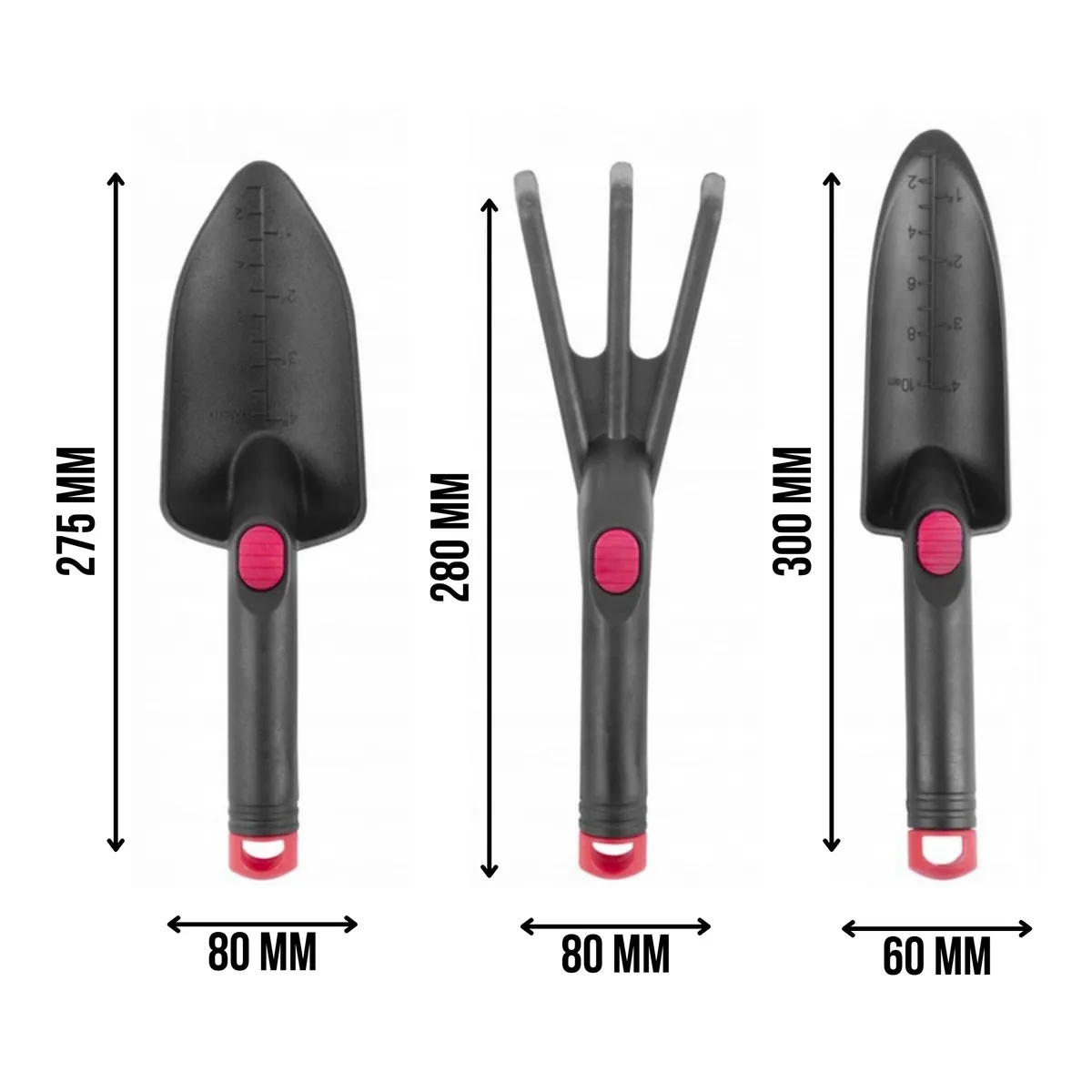 Zestaw narzędzi ogrodniczych, plastikowy, 3-częściowy, kultywator, łopatka szeroka 80x275 mm, łopatka wąska z miarką 60x300 mm, photo 1 of 6