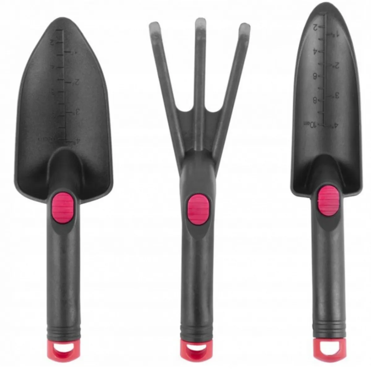 Zestaw narzędzi ogrodniczych, plastikowy, 3-częściowy, kultywator, łopatka szeroka 80x275 mm, łopatka wąska z miarką 60x300 mm, photo 2 of 6