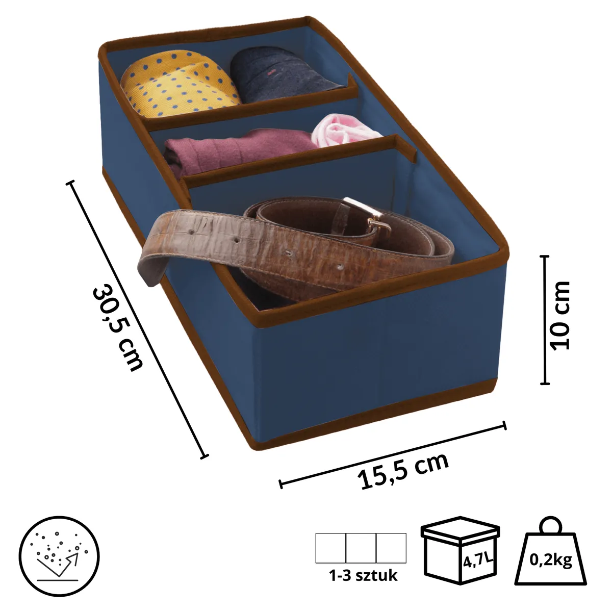 Niebieski organizer do szuflady 3 przegrody 30,5x15,5x10cm, photo 2 of 8
