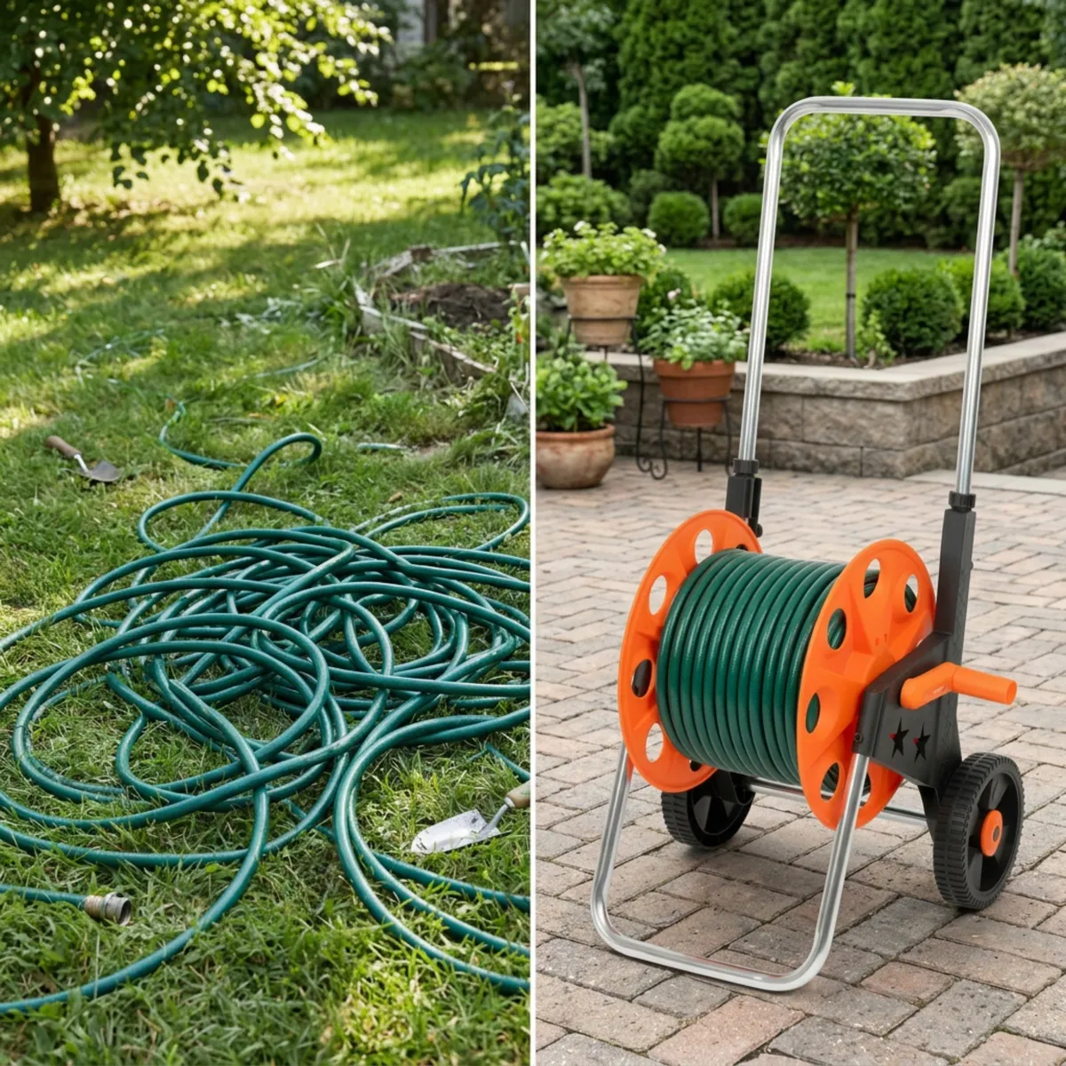 Wózek na wąż ogrodowy, metalowy stelaż, plastikowy bęben, na kołach, rączka teleskopowa 57,5-95 cm, 50 m węża 1/2 cala, zdjęcie 4 z 8