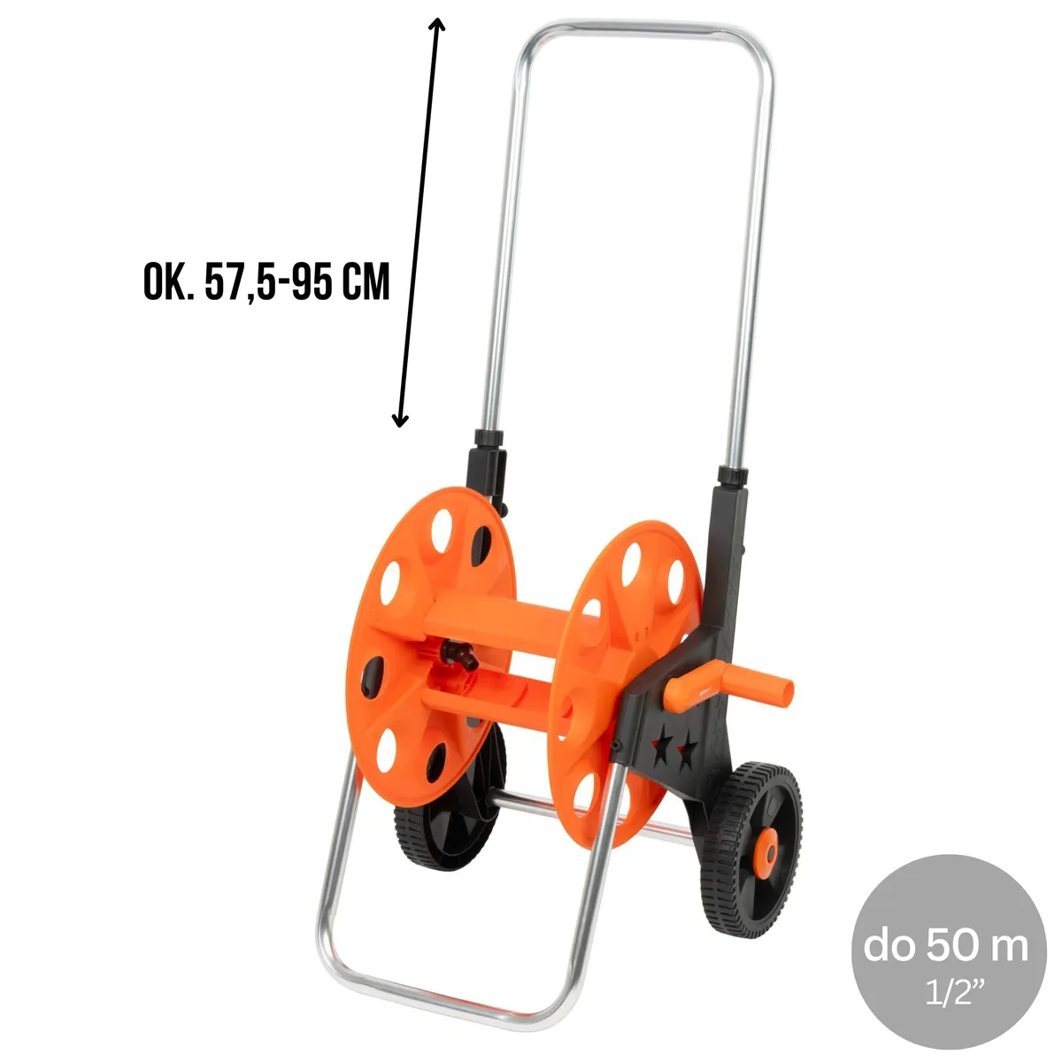 Wózek na wąż ogrodowy, metalowy stelaż, plastikowy bęben, na kołach, rączka teleskopowa 57,5-95 cm, 50 m węża 1/2 cala, zdjęcie 5 z 8