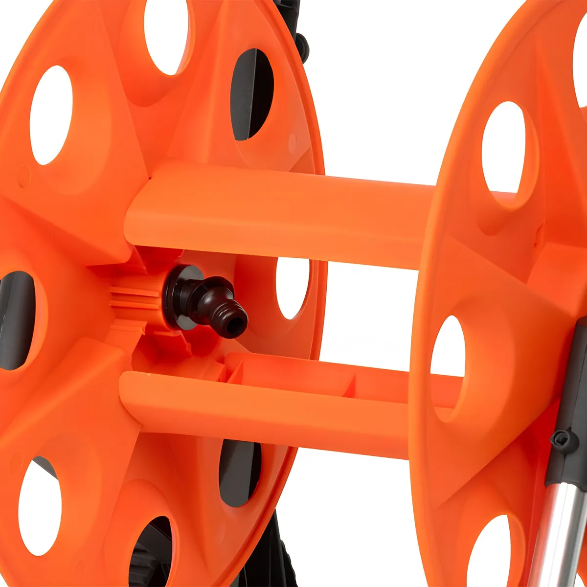 Wózek na wąż ogrodowy, metalowy stelaż, plastikowy bęben, na kołach, rączka teleskopowa 57,5-95 cm, 50 m węża 1/2 cala, zdjęcie 7 z 8