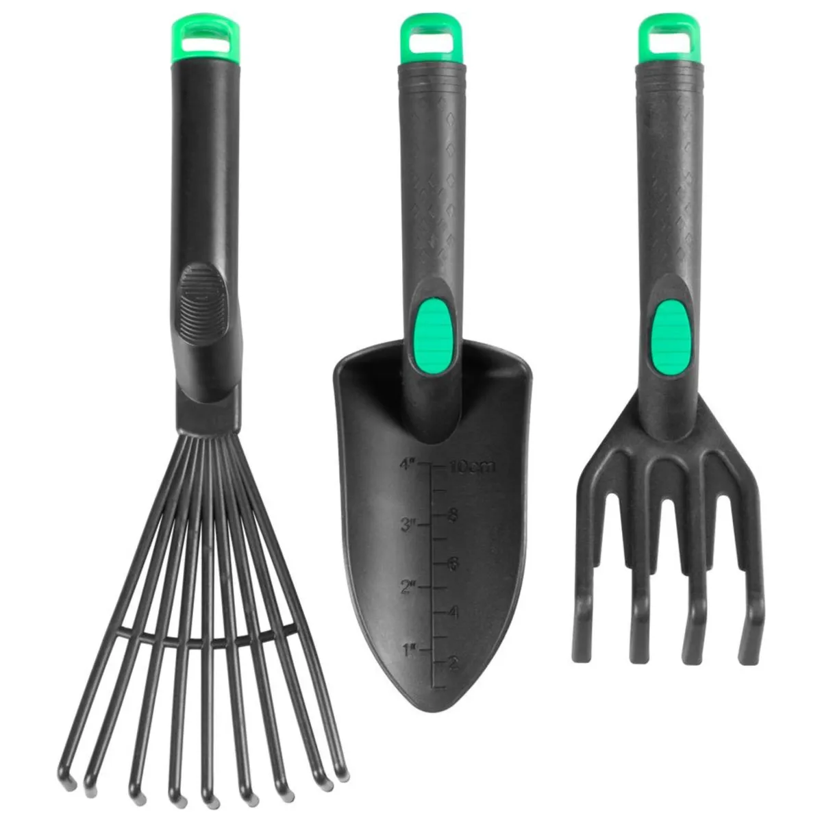 Zestaw narzędzi ogrodniczych, 3-częściowy, plastikowy, czarny, łopatka, widełki, pazurki, do sadzenia i spulchniania ziemi, photo 1 of 4
