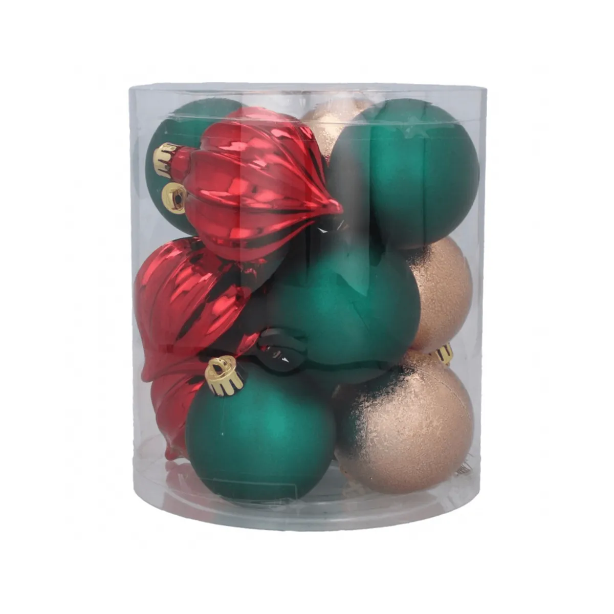 Zestaw 12 bombek choinkowych 6cm – zielone, złote, czerwone, w tubie, photo 1 of 8