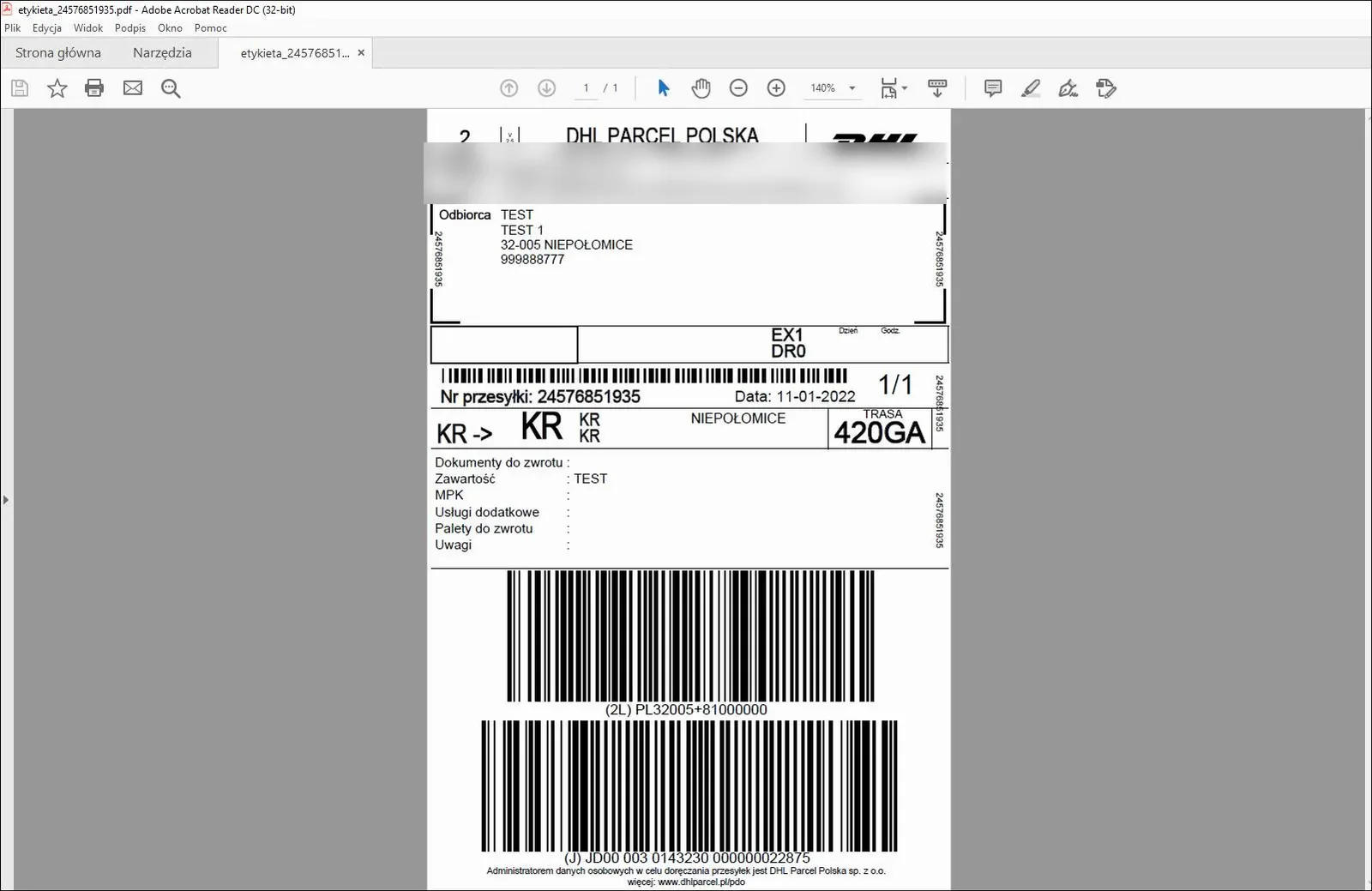 Correct DHL label in A6 format, one label per page