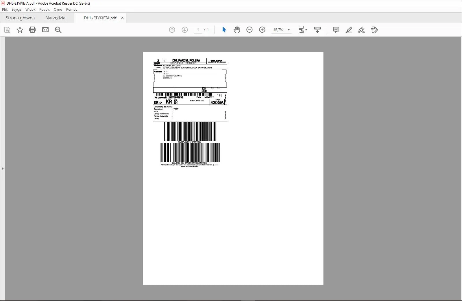 Incorrect DHL label: a small label in the middle of an A4 sheet