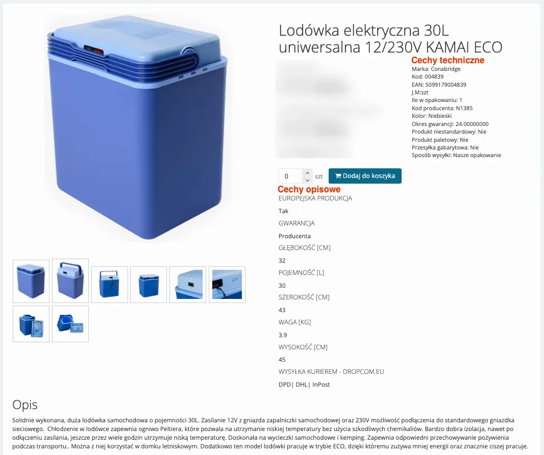 Product page in the panel with technical and descriptive features highlighted; prices and stock blurred