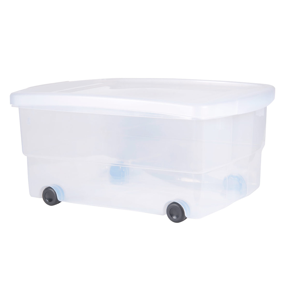 Contentor de plástico 80L CLIP BOX com tampa sobre rodas TRANSPARENTE - EAN: 3086960055462 - Home>Mobiliário>Roupeiros e arrumação>Caixas e malas