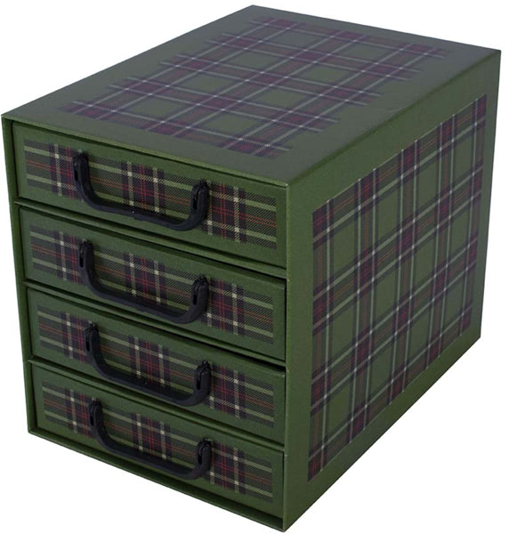 Pudełko kartonowe 4 szuflady pionowe SZKOCKA KRATA ZIELONA - EAN: 35.5 - Dom>Przechowywanie>Pudełka kartonowe>Z szufladami
