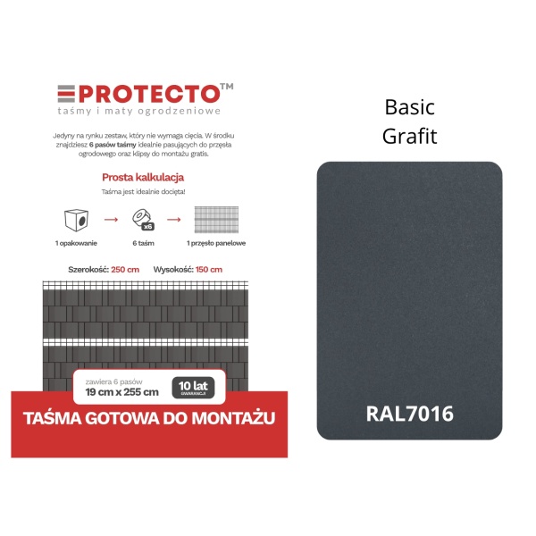 55mb BASIC 19cm PROTECTO GRAPHITE + 12 clips FREE - EAN: 5901685836586 - Garden>Fences>Fence tapes