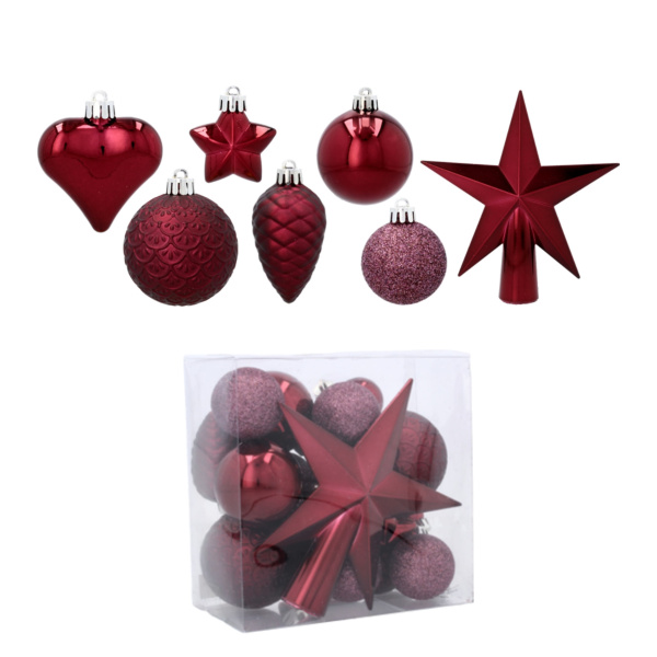 Komplet 19 kroglic Kamai Christmas Decoration Christmas Tree Baubles - Bordo barve z zvezdo na vrhu - EAN: 5901685839112 -
