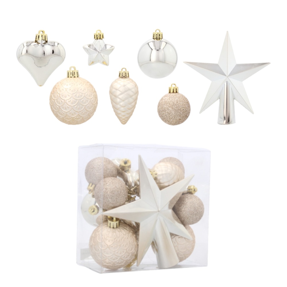 Komplet 19 kroglic za božično drevo Kamai v obliki božičnih okraskov - barva šampanjca z zvezdo na vrhu - EAN: 5901685839129 -